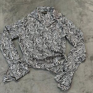Enygma 100% Silk Wrap Shirt Collared Women's 2 Zebra Animal Print Black White